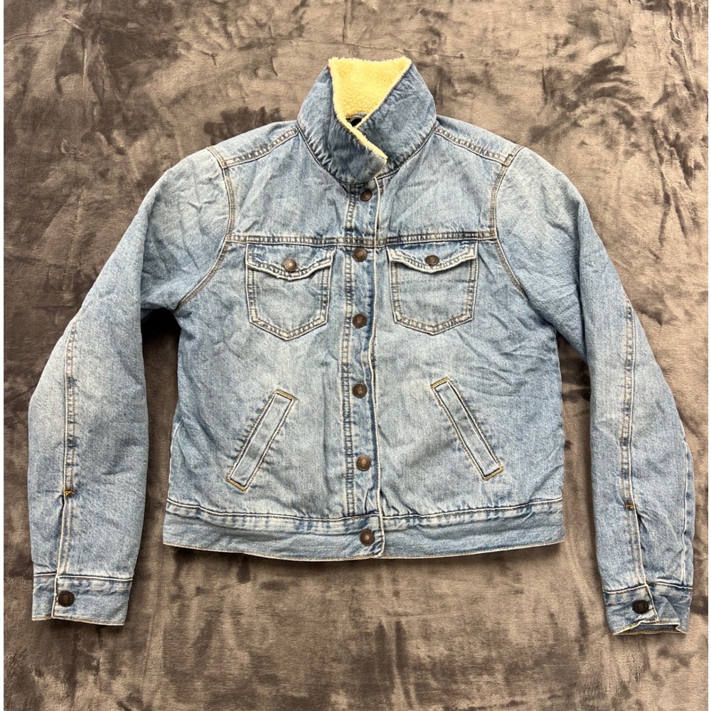 Forever 21 Denim Trucker Jacket Womens S Light Wash Sherpa Collar Quilted Lining